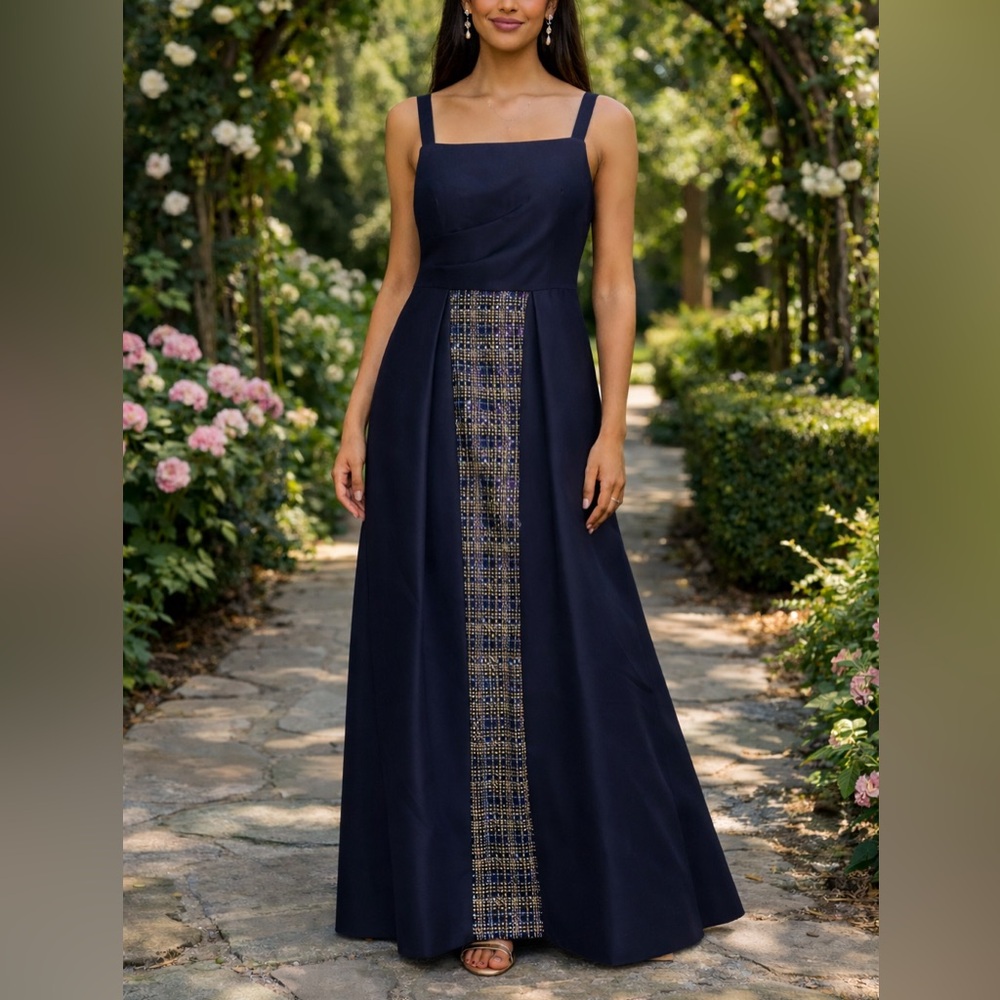 Kay Unger Womens‎ Navy Plaid Sequin Walk Thru Gown Dress size 6 NWT